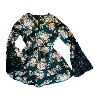 TRAC Pink Floral Romper - Lace Detail Bell Sleeves - Size Small